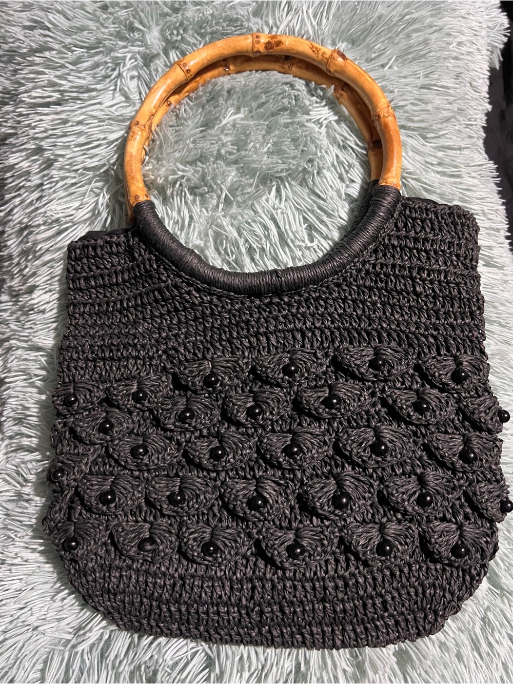 Black Crochet Tote with Bamboo Handles - Unbranded